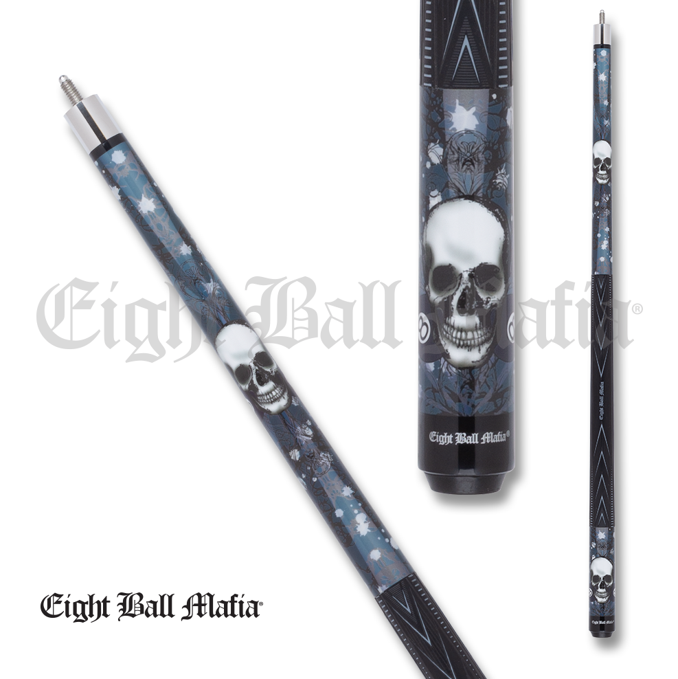 BAGUETTE DE BILLARD ACTION EBM25  MOTIF CRÂNE SPORT GRIP GRIS ET BLEU 13MM 19OZ