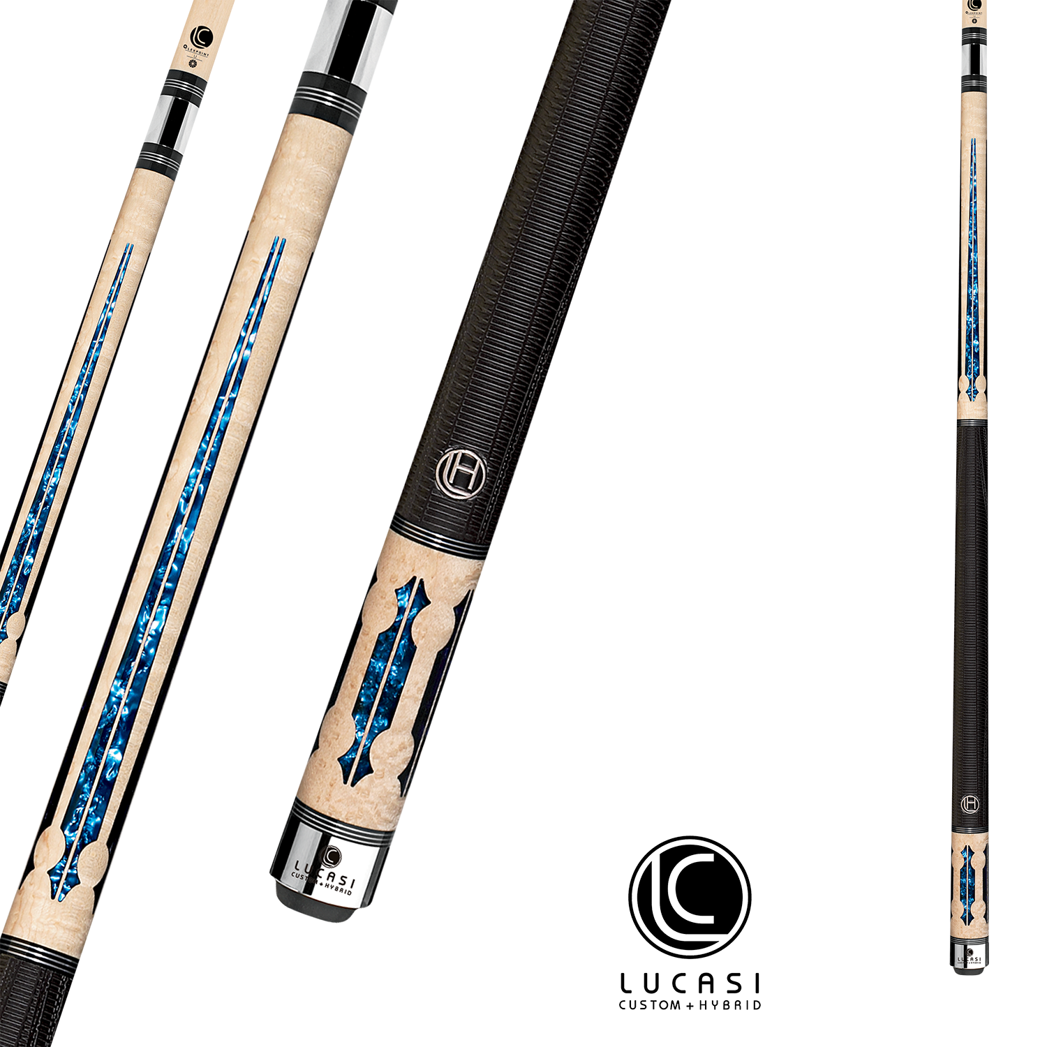 BAGUETTE DE BILLARD LUCASI HYBRIDE ÉRABLE BIRDSEYE NATUREL BLUE CRUSH AVEC GRIP SPORT G5 13MM 19OZ