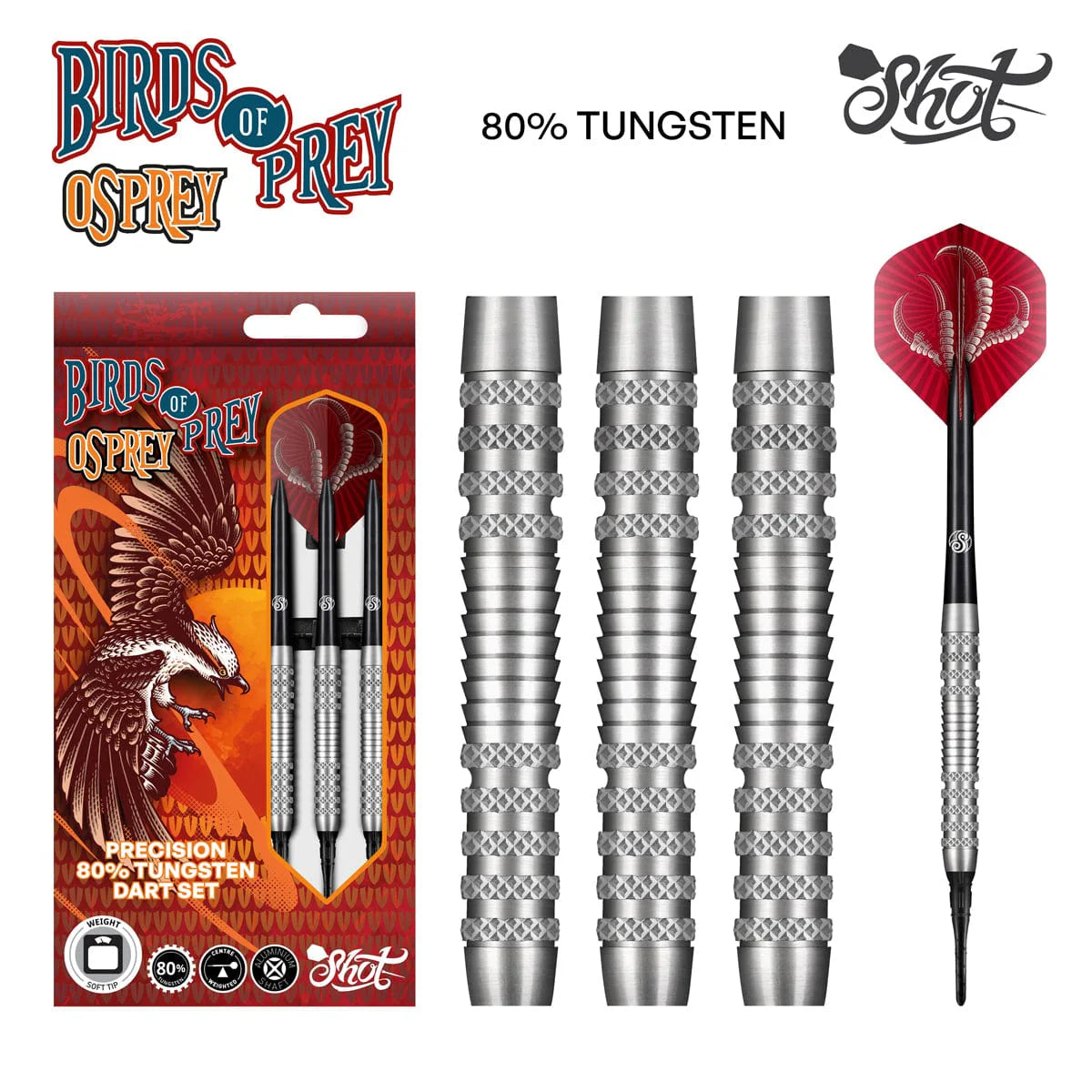 SHOT BIRDS OF PREY OSPREY SOFT TIP DART SET - 80% TUNGSTEN BARRELS