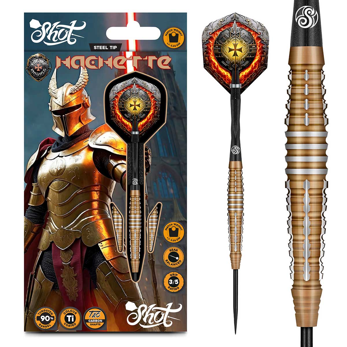 SHOT FUTURE KNIGHTS HACHETTE STEEL TIP DART SET - 90% TUNGSTEN BARRELS