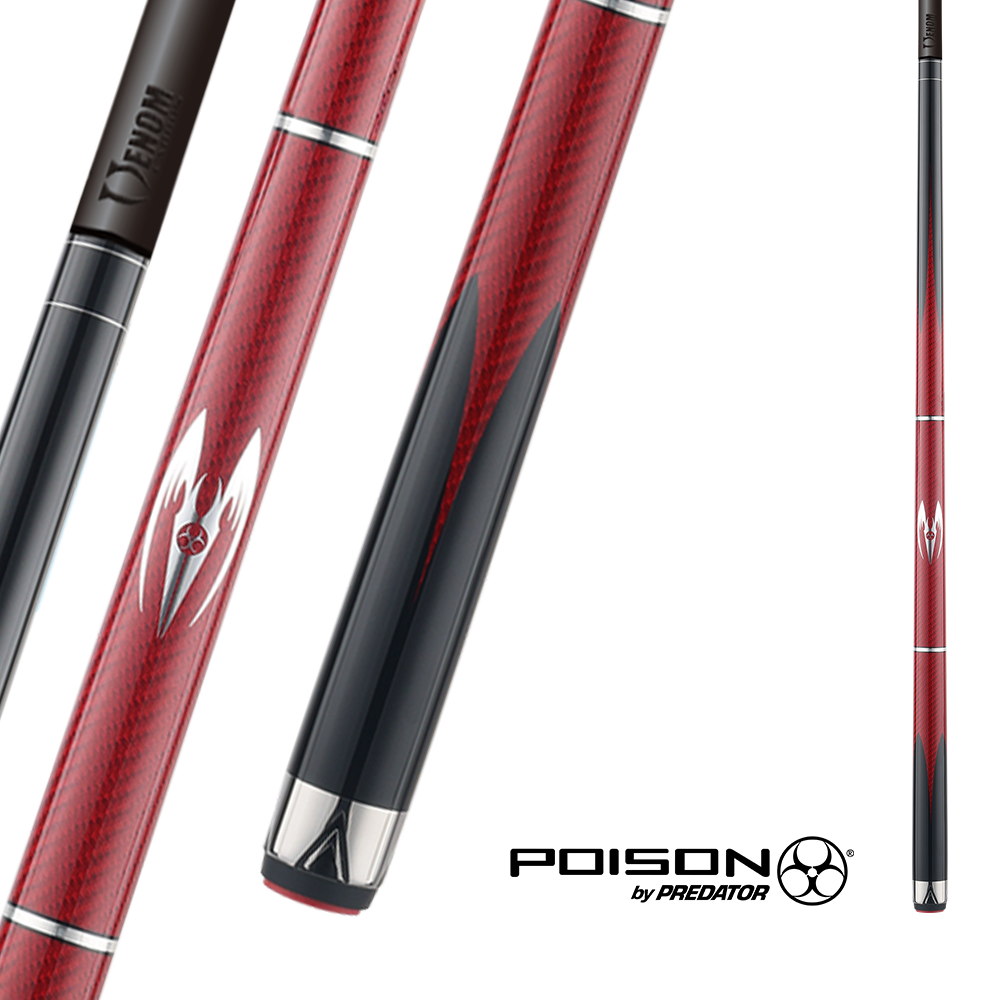 POISON MAELITH POOL CUE WITH CARBON FIBER SHAFT - BLACK/RED - NO WRAP 12.4MM 19OZ