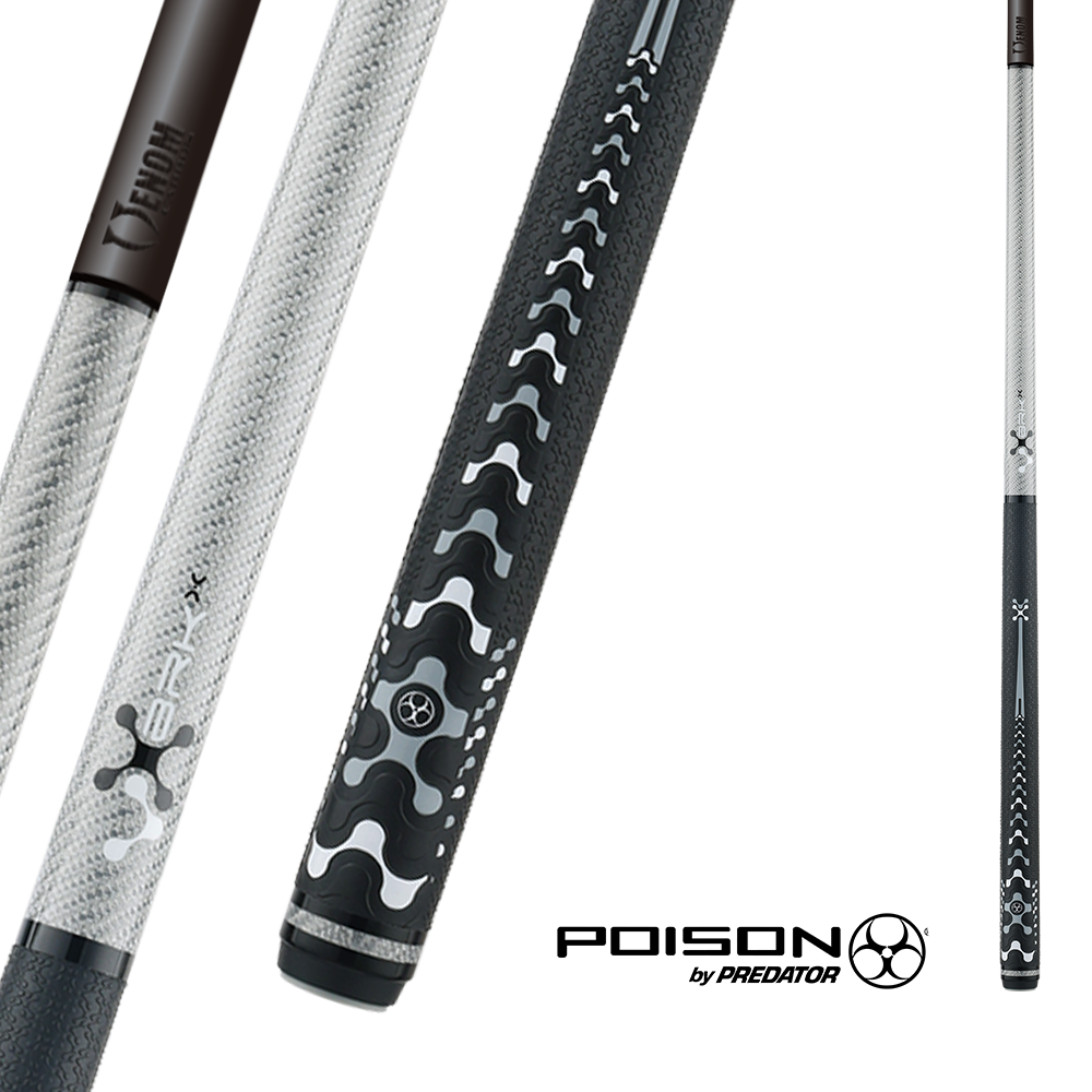 POISON VX BREAK/JUMP CUE WITH VENOM CARBON FIBER SHAFT - GREY/BLACK - TRI-COLOR GTX PATTERN WRAP 13MM 19OZ