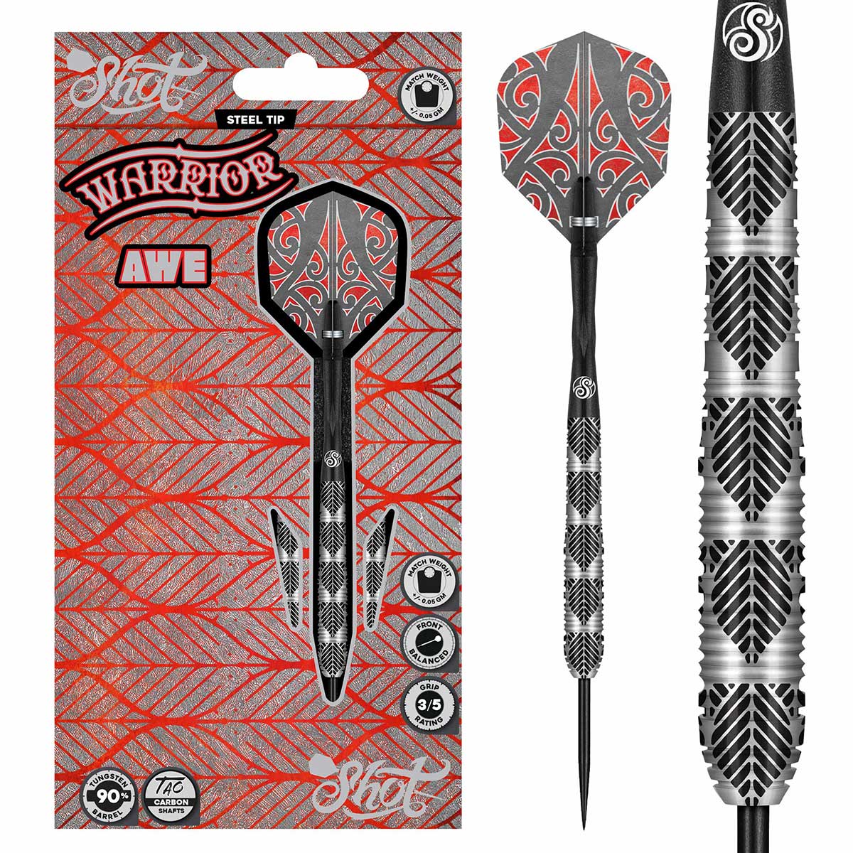 SHOT WARRIOR AWE STEEL TIP DART SET - 90% TUNGSTEN BARRELS