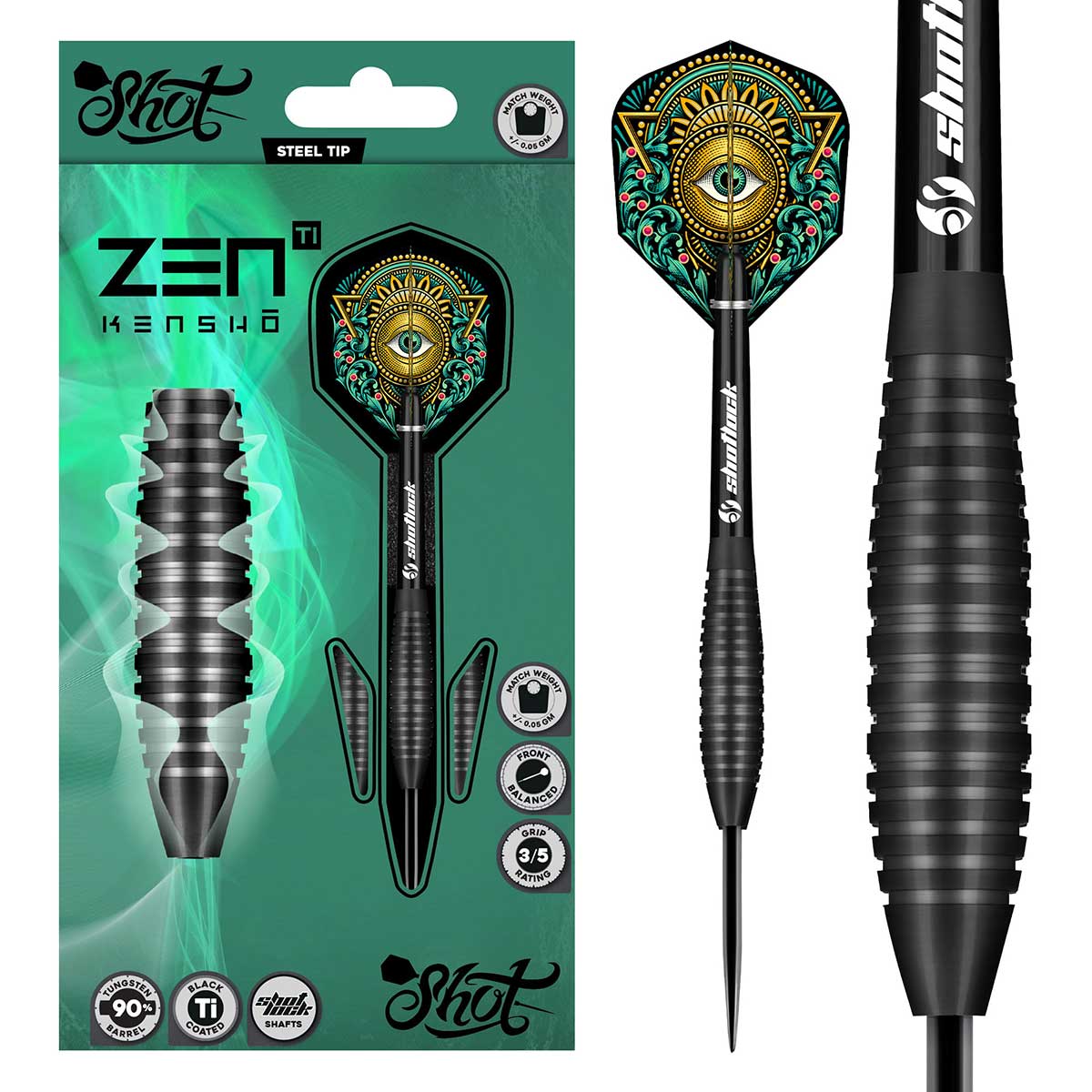 SHOT ZEN KENSHO STEEL TIP DART SET - 90% TUNGSTEN BARRELS