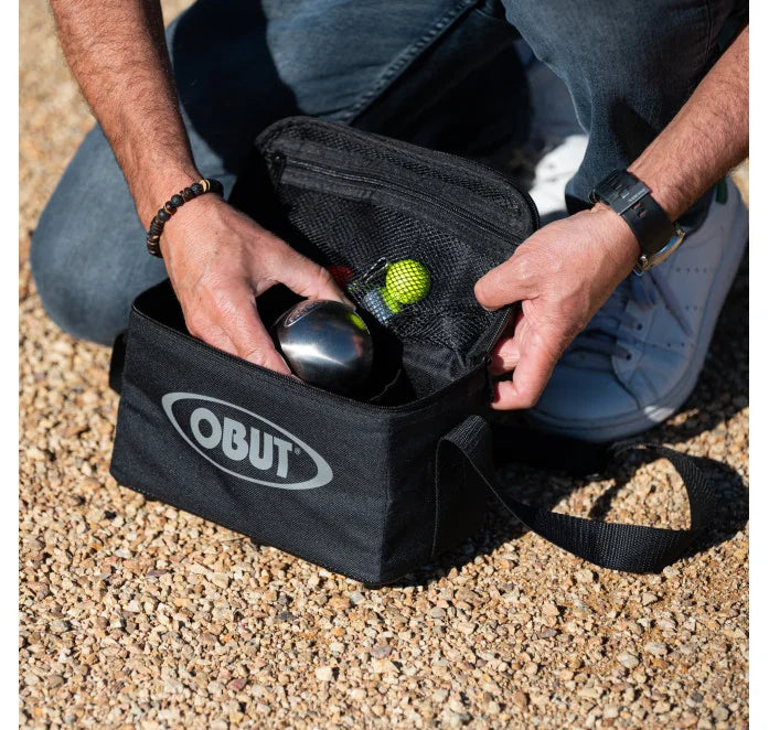 rEPORTER BOCCE CASE OBUT 3 BALLS BLACK AND GREY