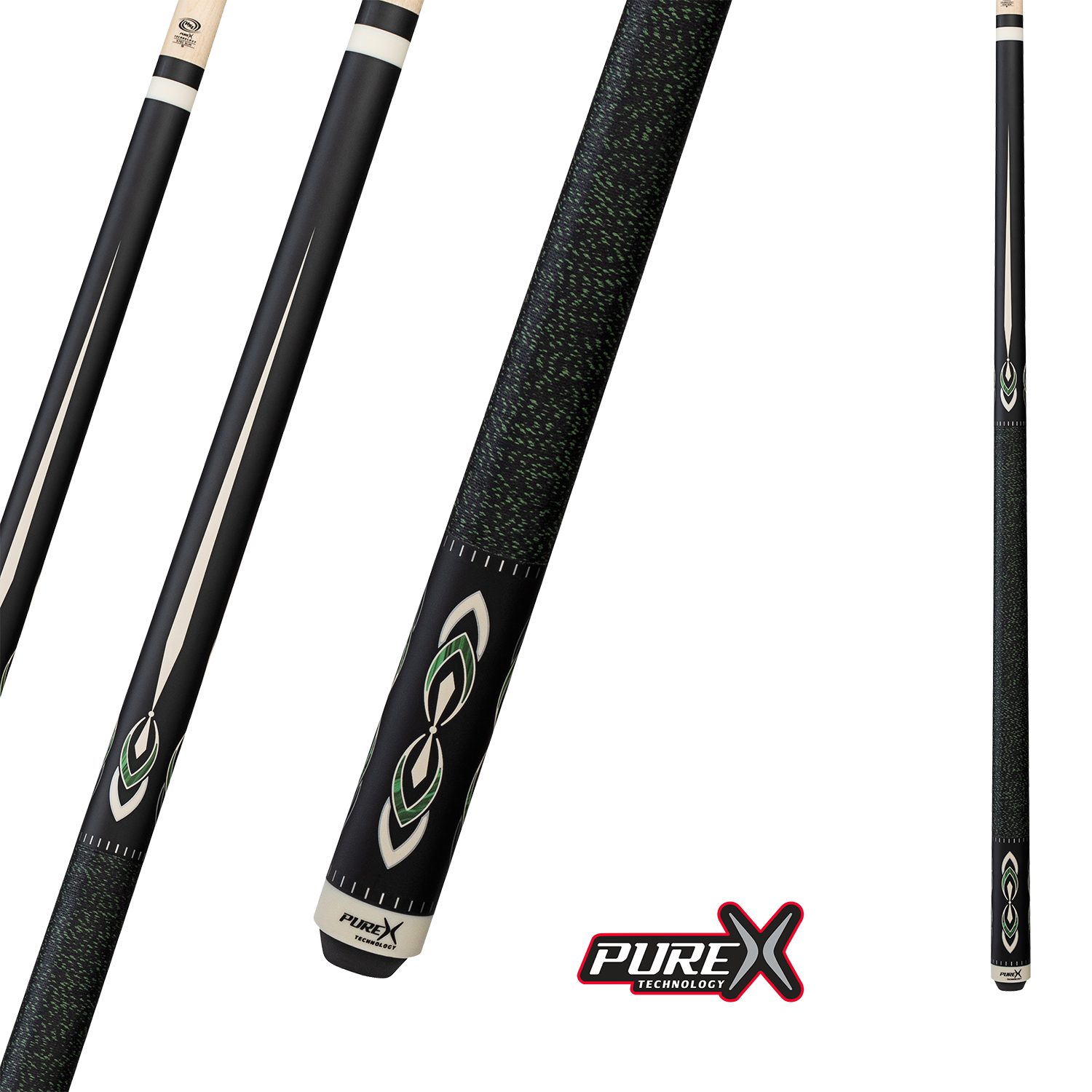 PURE X POOL CUE MATTE BLACK &amp; MALACHITE/WHITE 11.75MM 19OZ WITH WRAP